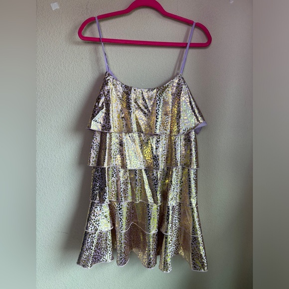 NWT SFC Lavender Gold Metallic Animal Leopard Print Ruffled Tiered Dress L - Picture 9 of 9